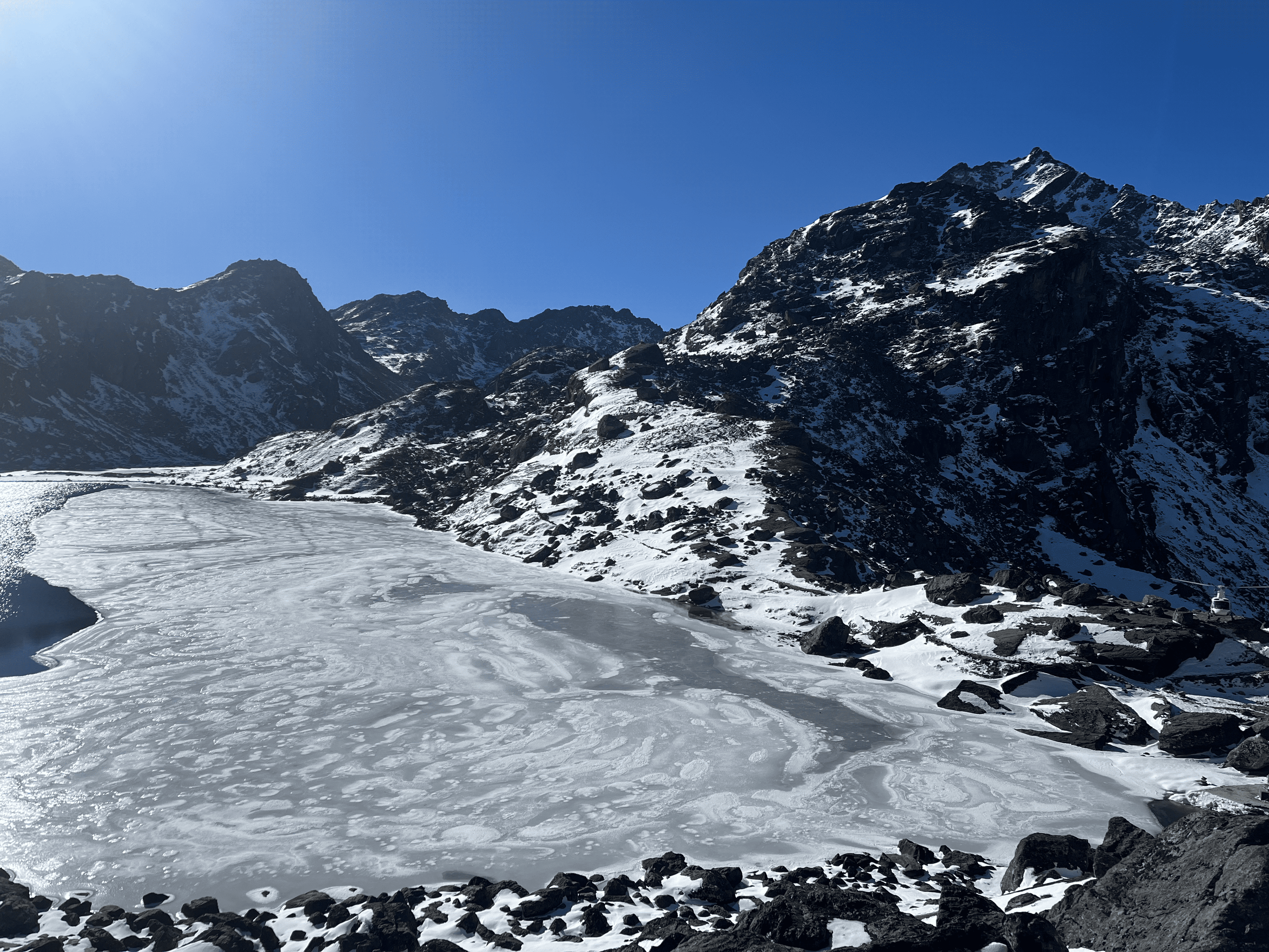 Frozen landscape near Gosaikunda at high altitude