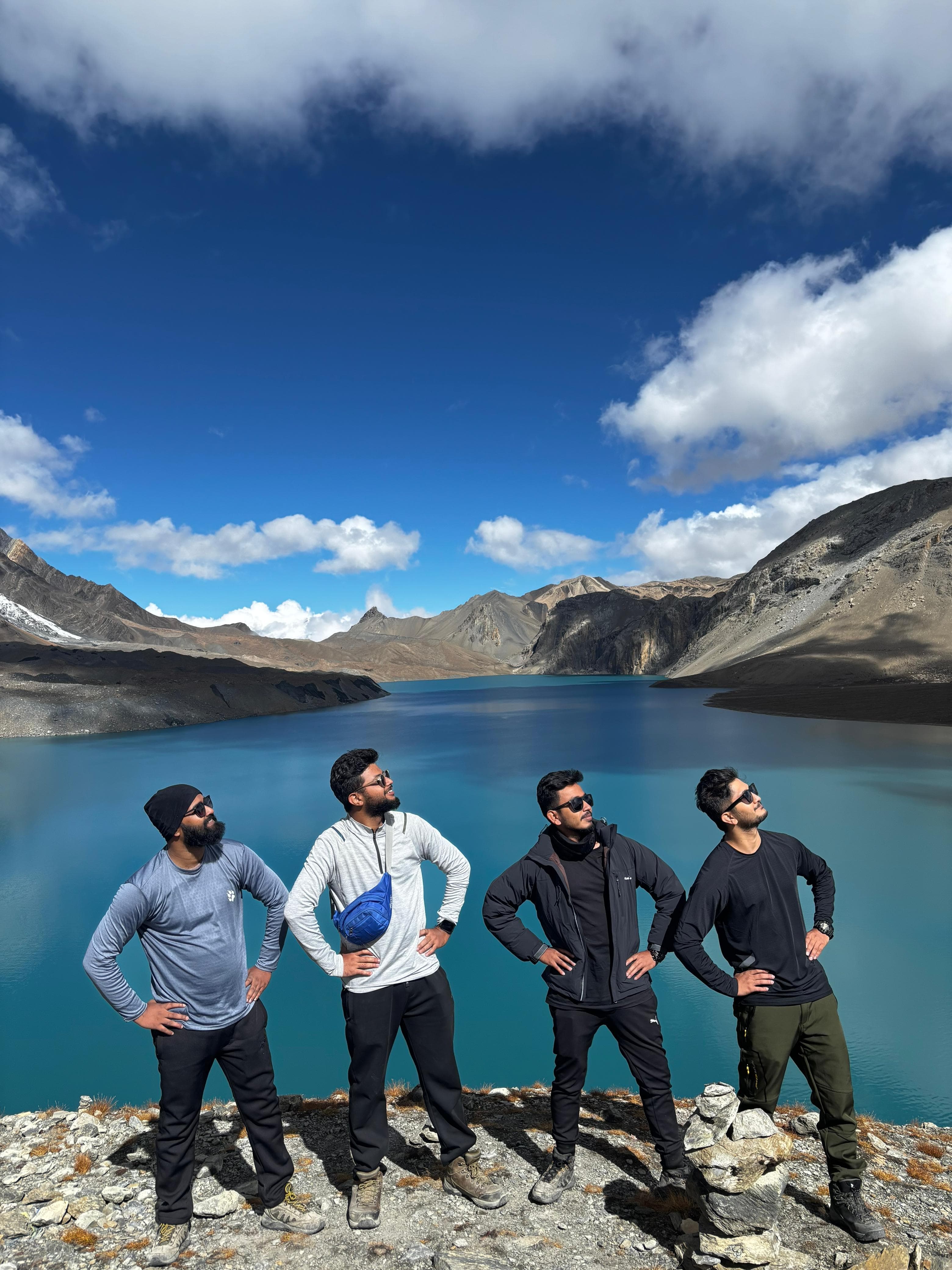 Raju Pose with Friends at Tilicho Lake