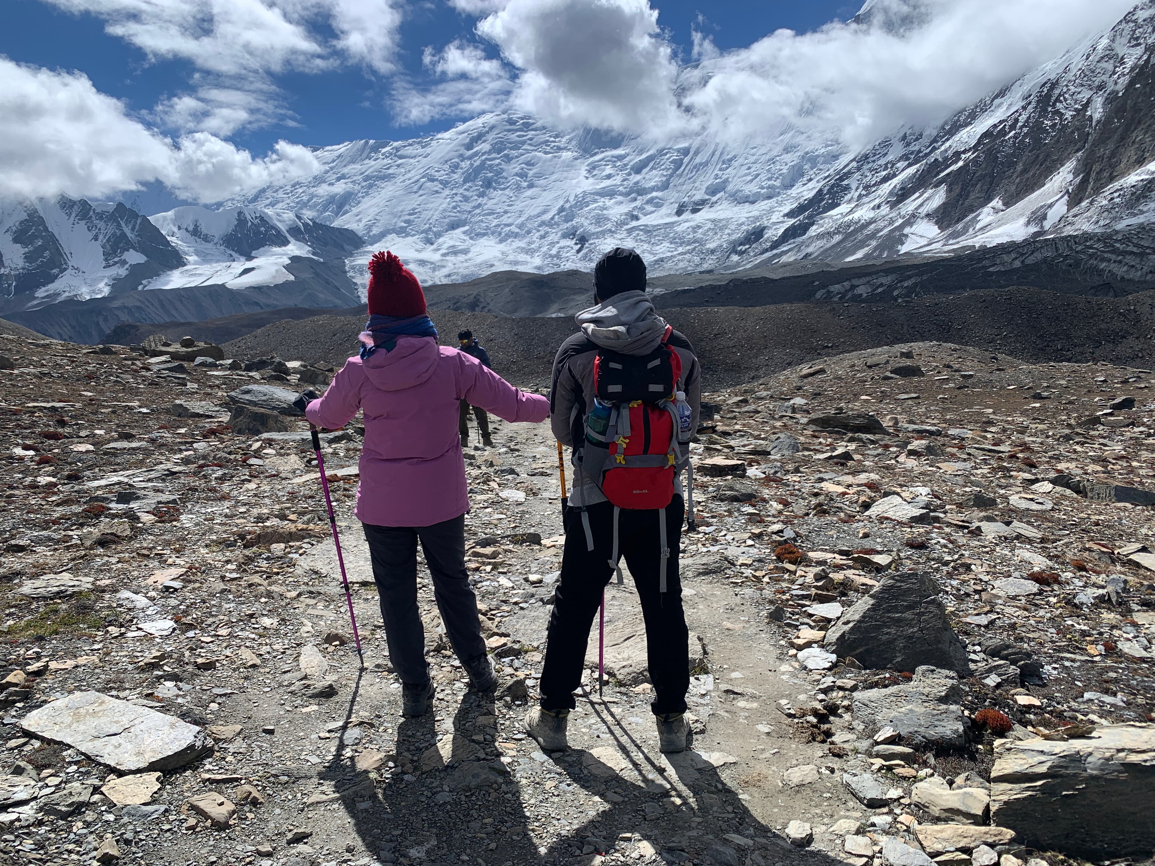 Group with mountains and lake